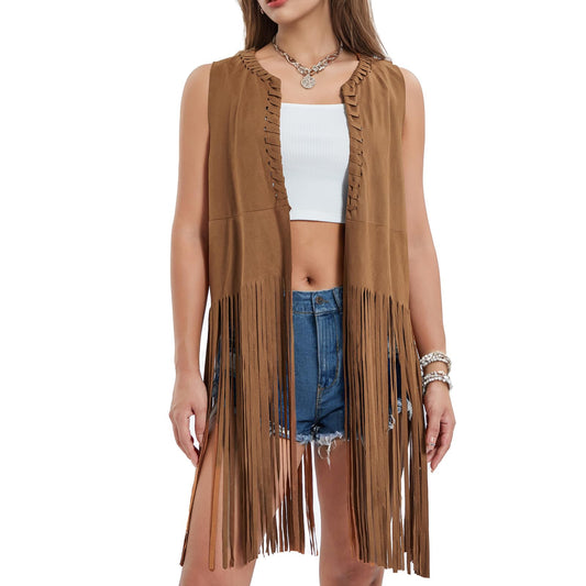 Women's Fringe Vest 70s Hippie Costume Faux Suede Sleeveless Tassel Long Cardigan Jacket Cowgirl Western Tops Halloween Khaki