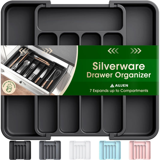 Aujen Silverware Organizer - Expandable Kitchen Drawer Organizer, Adjustable Utensil Organizer, Cutlery Tray for Forks, Knives, Multipurpose Kitchen Organizers and Storage Solution, Black, Medium