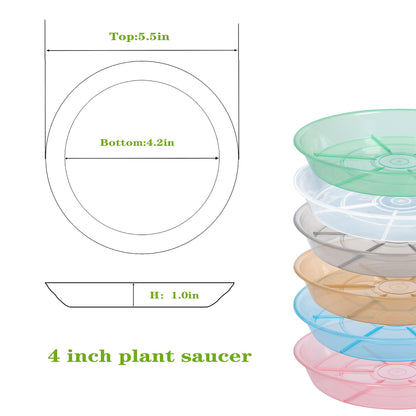 Afrine 6 Pack Plant Saucer Drip Tray, 4 5 6 8 9 10 12 14 16 18 inch, Heavy Sturdy Plastic Planter Flower Pot Saucers for Indoor Outdoor Garden, Plant Water Drip Trays for pots Base (4", Clear)