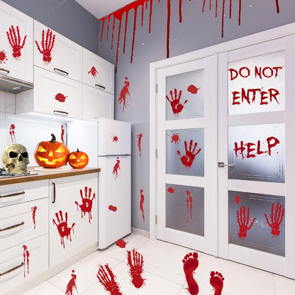 AREOK 139 Pcs Bloody Handprint Footprints Stickers - Halloween Bloody Window Clings Decals Decor Hand Prints - Spooky Scary Blood Halloween Window Decorations for Party Car Floor Mirror Door Bathroom