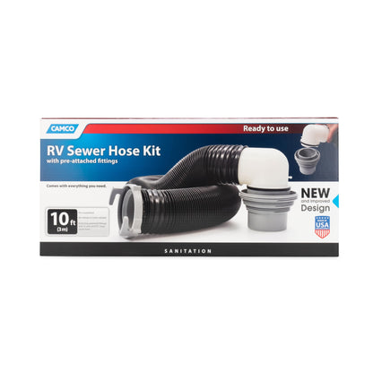 Camco RV Sewer Kit - Features Pre-Attached Fittings, a 10-Foot Sewer Hose, Translucent Sewer Elbow with 4-in-1 Adapter, and More (39551)