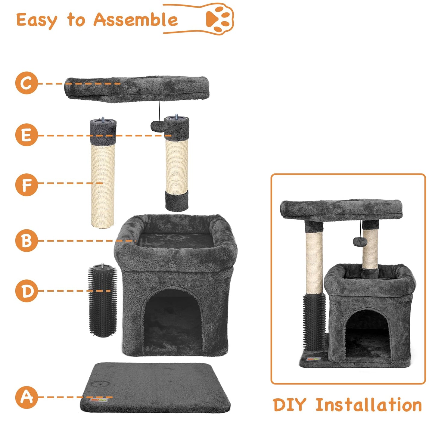 Innsfurr Small Cat Tree for Indoor Cats, Cat Tower with Scratching Posts for Multiple Cats, Plush Cozy Perch, Cat Massage Brush, Activity Hanging Pompoms, Dark Grey