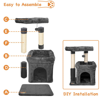 Innsfurr Small Cat Tree for Indoor Cats, Cat Tower with Scratching Posts for Multiple Cats, Plush Cozy Perch, Cat Massage Brush, Activity Hanging Pompoms, Dark Grey