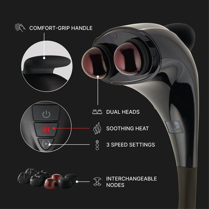 Homedics Handheld Back Massager, Dual Heated Nodes, Neck, and Body Percussion Massager with Interchangeable Nodes to Release Back, Neck, Shoulder Leg and Foot Tension