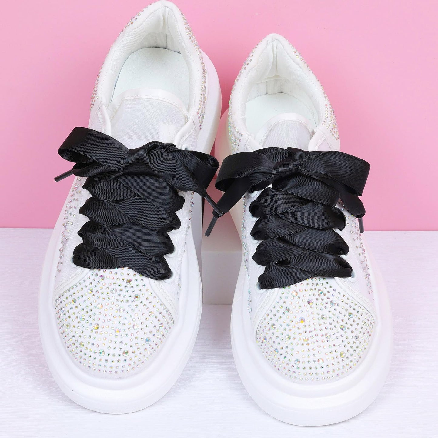 Booyckiy Flat Colorful Satin Ribbon Shoelaces 3/4" Wide Shoe Laces for Women Girls, Black 47inch (120) cm