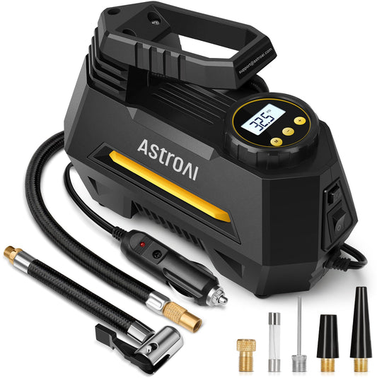 AstroAI Tire Inflator Portable Air Compressor Air Pump for Car Tires-Car Accessories, 9.8Ft Cord-12V DC-Powered Auto Pump with Digital Pressure Gauge, Emergency LED Light for Bicycle, Balloons, Yellow