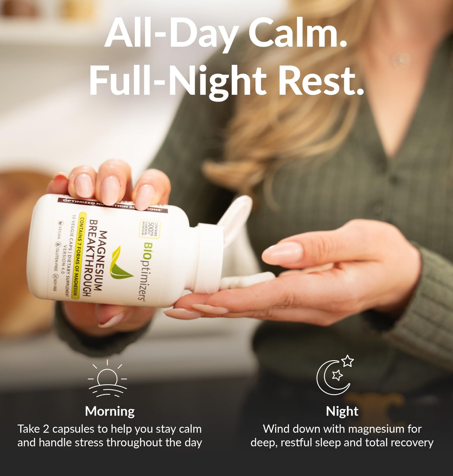 BIOptimizers Magnesium Breakthrough Supplement 4.0-7 Forms of Mg: Glycinate, Malate, Citrate, and More - Natural Support for Sleep and Cognitive Function - 60 Capsules- Calming Vitamins Complex