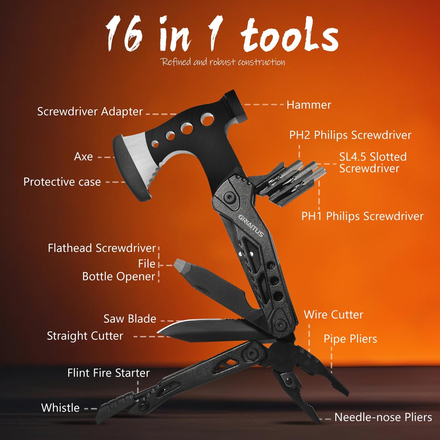Camping Essentials 16 in 1 Multitool Camping Gear Gifts for Men Dad Multi Tool Survival Gear with Axe Hammer Pliers Saw Screwdrivers Bottle Opener Whistle with Sheath for Hiking Fishing