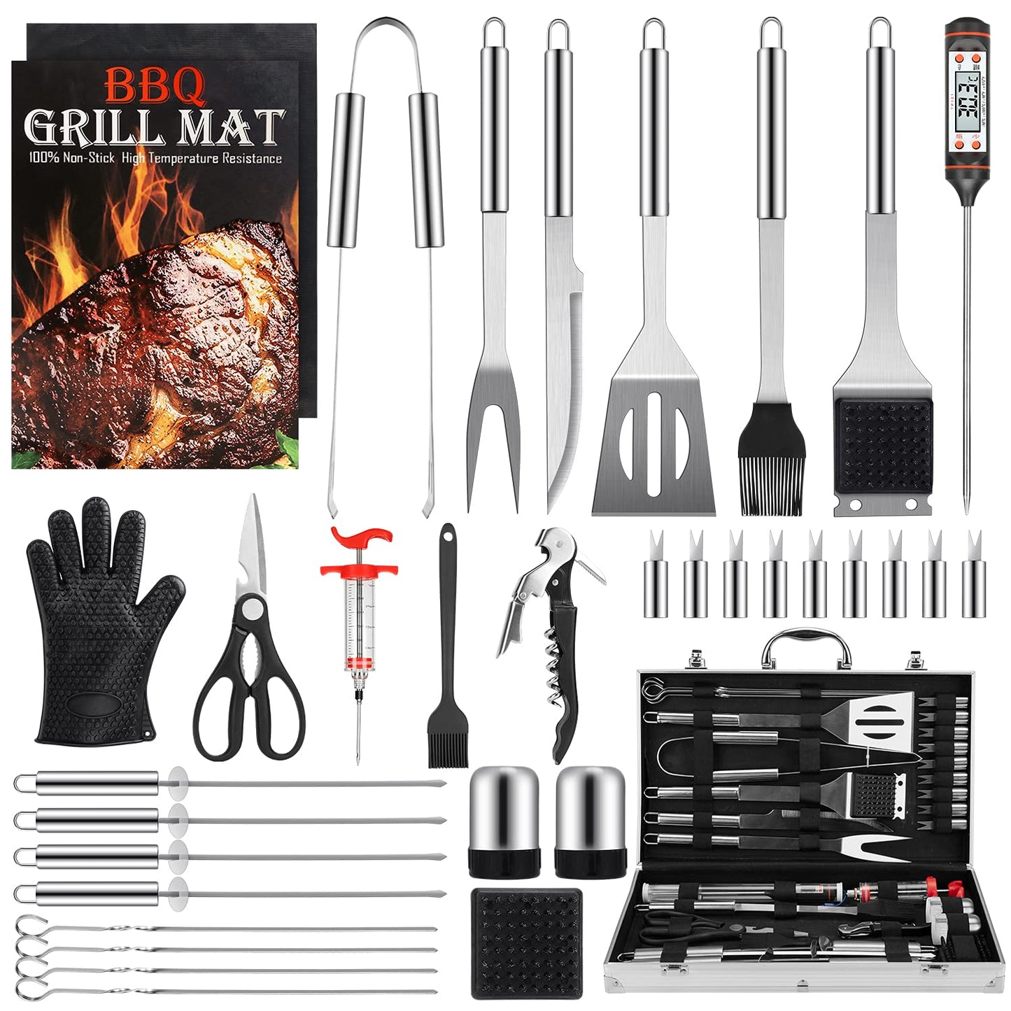 Birald Grill Set, Grilling Gifts for Men, 34PCS BBQ Tools Accessories for Outdoor Grill with Aluminum Case, Spatula,Tongs &Skewers,Smoker Accessories for Birthday, Dad, Wedding