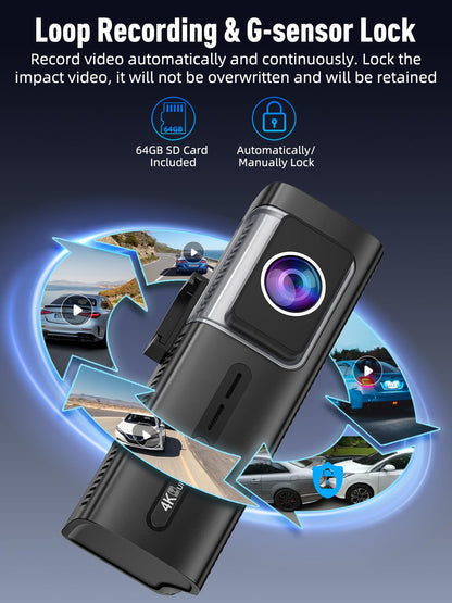 3 Channel 5G WiFi Dash Cam, 4K+1080P+1080P Dash Cam Front and Rear Inside with 64GB Card, 3.16” IPS Screen, G-Sensor, Loop Recording, Parking Monitor, 170° Wide Angle, IR Night Vision, WDR, Silver