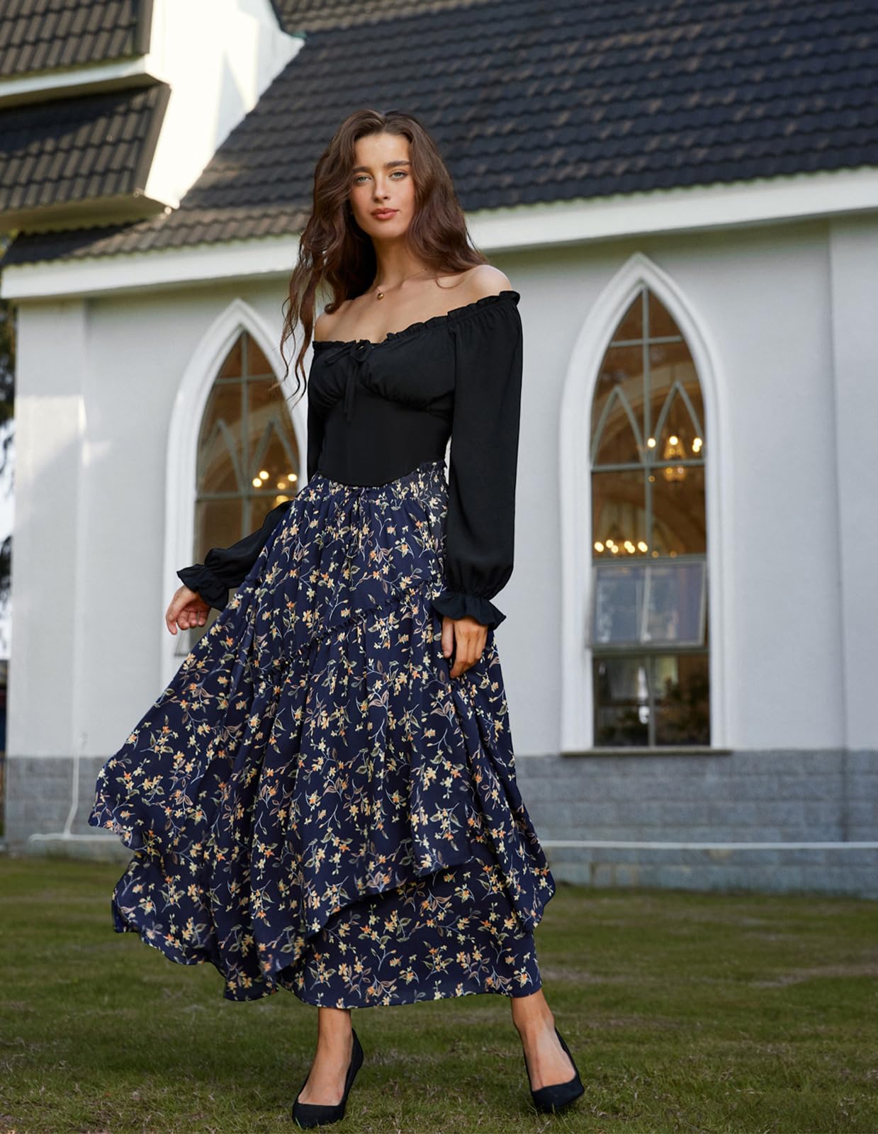 Women Floral Print Boho Skirt Elastic High Waist Long Maxi Skirts with Pockets Navy Yellow Floral L