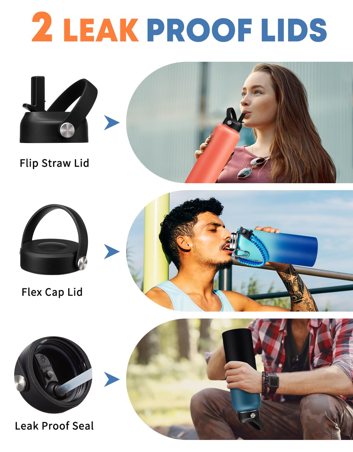 40/64/128 oz Insulated Water Bottle with Straw - Flex Cap Lids, Paracord Handle, Bottle Carrier Bag w/Strap, Vacuum Stainless Steel 40oz Water Bottles, Double Wall Flask Metal Water Flask Jug