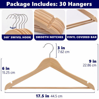 Amber Home 30 Pack Wooden Coat Hangers, Natural Wood Suit Hangers with Non Slip Pant Bar, Clothes Hangers for Shirts, Jackets, Dress, Pant (Natural, 30)