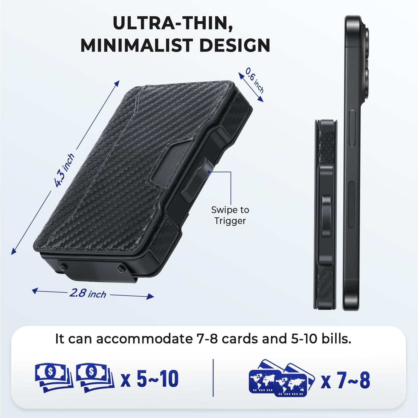 BESSIO Slim Wallet for Men - Minimalist Mens Wallet with Money Clip, Aluminum Pop Up Card Case and Leather Slots Credit Card Holder RFID Blocking Wallet for Men with Gift Box (Carbon Fiber)