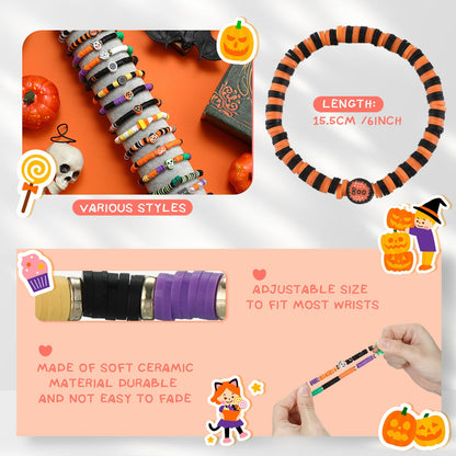 Jadive 48 Pcs Friendship Bracelets Bulk Colorful Adjustable Kids Bracelets Stretch Clay Preppy Surfer Beaded Halloween Christmas Girl Boys Party Favors Jewelry Gift Set, Various Styles(Ghost)