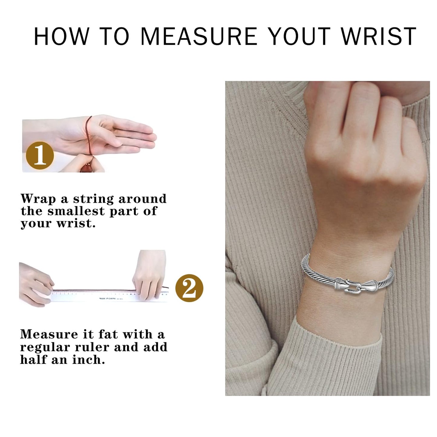 BOLAGTIER Stainless Steel Twisted Cable Wire Bracelets with Hook Adjustable Cuff Bangle Bracelet Vintage Jewelry Gift for Women (Silver, Medium)