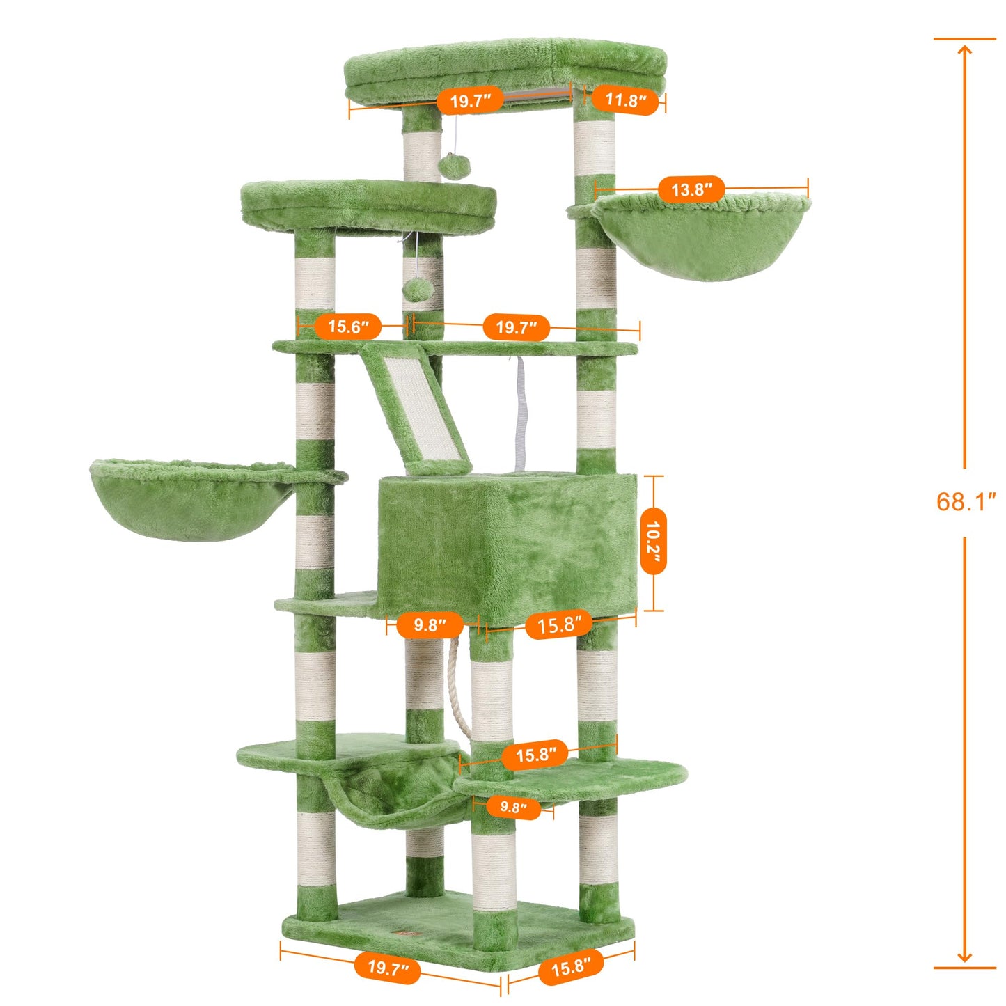 Heybly Cat Tree, 68 inch Multi-Level Cat Tower for Indoor Cats, 2 Widened Plush Perches Cat Condo with Scratching Board and Big Caves, Green HCT025GR