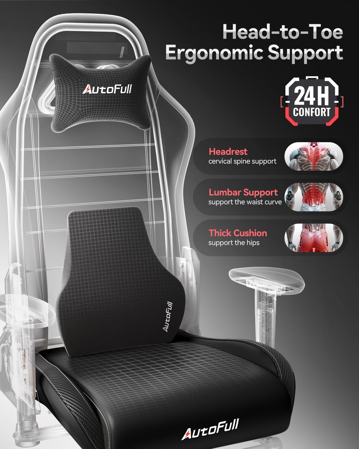 AutoFull C3 Gaming Chair, Racing Style Gaming Chair with Ergonomic Lumbar Support,Adjustable High Back PU Leather PC Chair with Footrest,Black