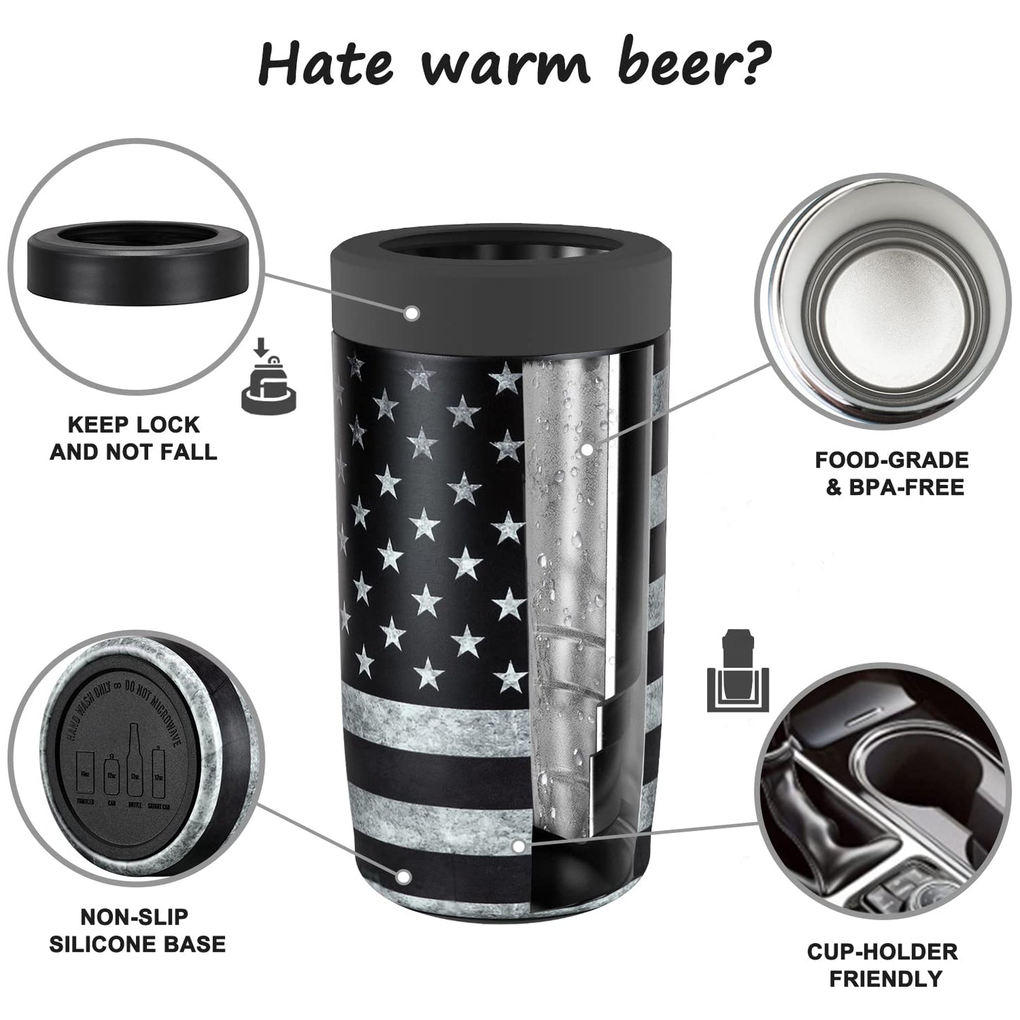 4-in-1 Slim Can Cooler Easy to Hold Insulated Beer Can Holder Double-walled Stainless Steel for All 12 Oz Cans Gift (Black America Flag 2)