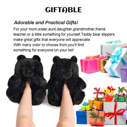 Women's Teddy Bear Slippers Black Fuzzy Slippers for Women Indoor Cute House Slippers for Women Ladies Teen Girls Fluffy Funny Bedroom Animal Slippers for Women Birthday Valentine's Day Gift Ideas