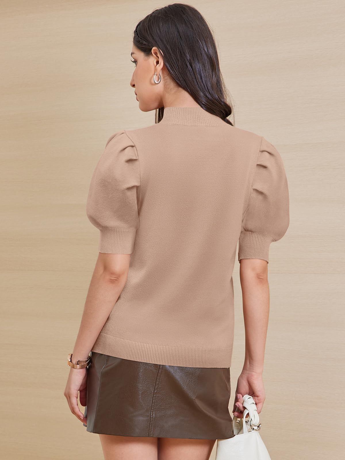 ATHMILE Women's Puff Short Sleeve Sweater Tops 2025 Spring Summer Fall Trendy Y2K Crew Neck Casual T Shirts Blouses A-Beige