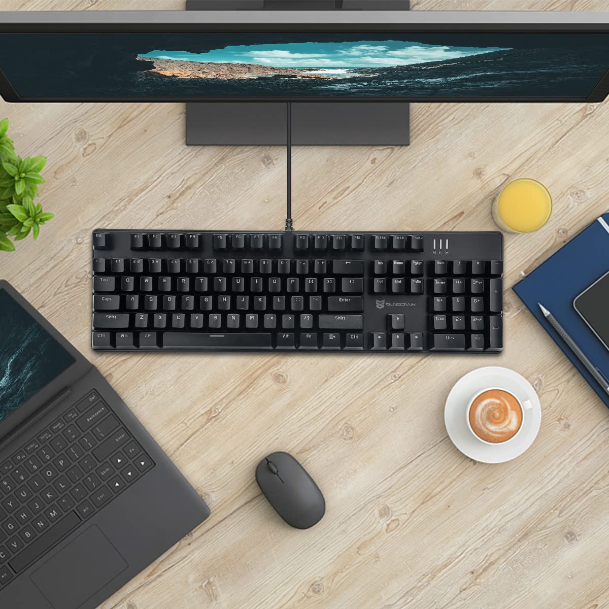 Ice Blue Backlit Mechanical Keyboard with Brown Switches and 104 Keys Layout - Hot Swappable, Wired Gaming Keyboard