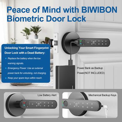 BIWIBON Smart Door Knob - 5 in 1 with Smart APP, IC Cards, Password, Backup Keys - Fingerprint Door Knob with Keypad for Bedroom, Office, Apartment - Black, 3 Pack