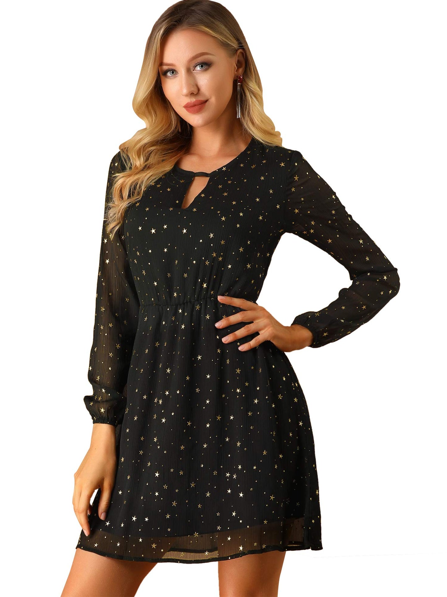 Allegra K Women's Choker V Neck Gilding Metallic Star Halloween Party Flared A-Line Dress Medium Black