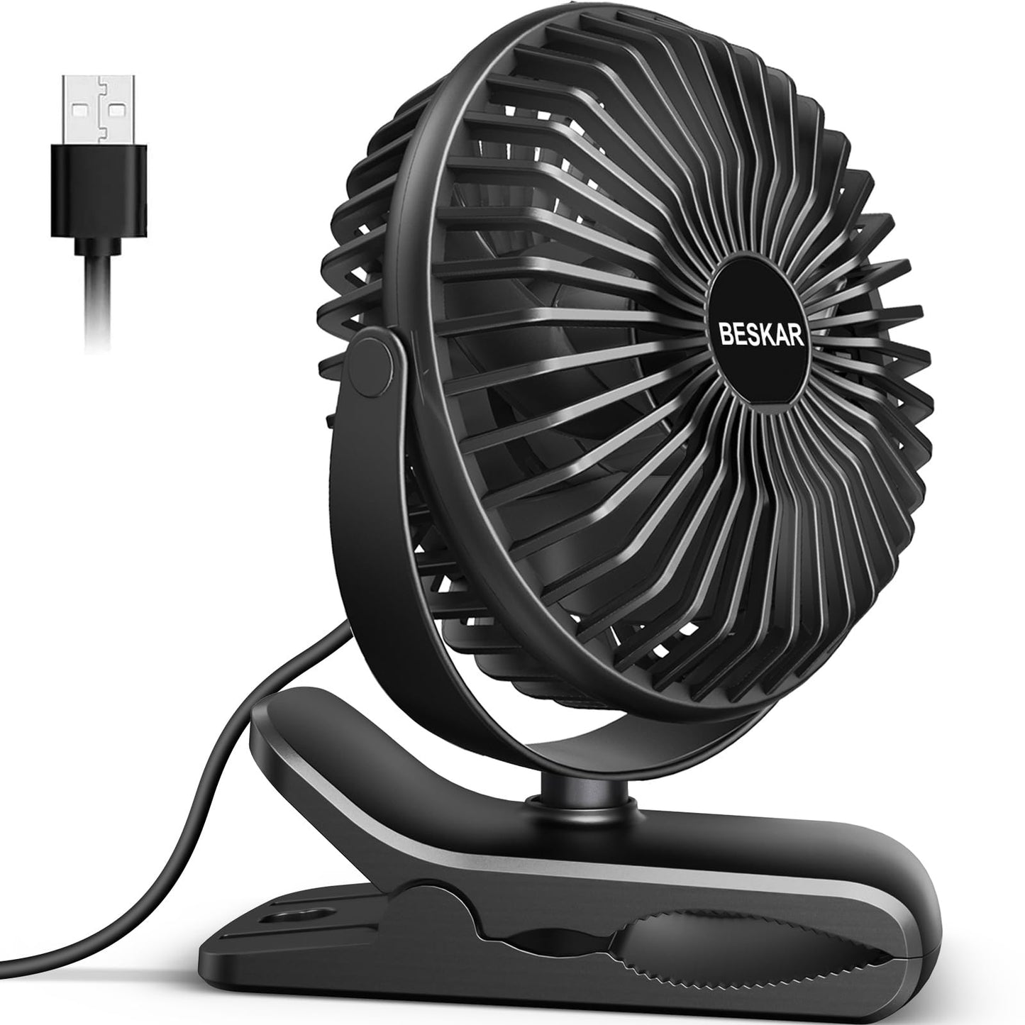 BESKAR Small Clip on Fan, 3 Speeds USB Fans with Strong Airflow, Clip & Desk Fans USB Plug in with Sturdy Clamp - Ultra Quiet operation for Office Dorm Bedroom Stroller