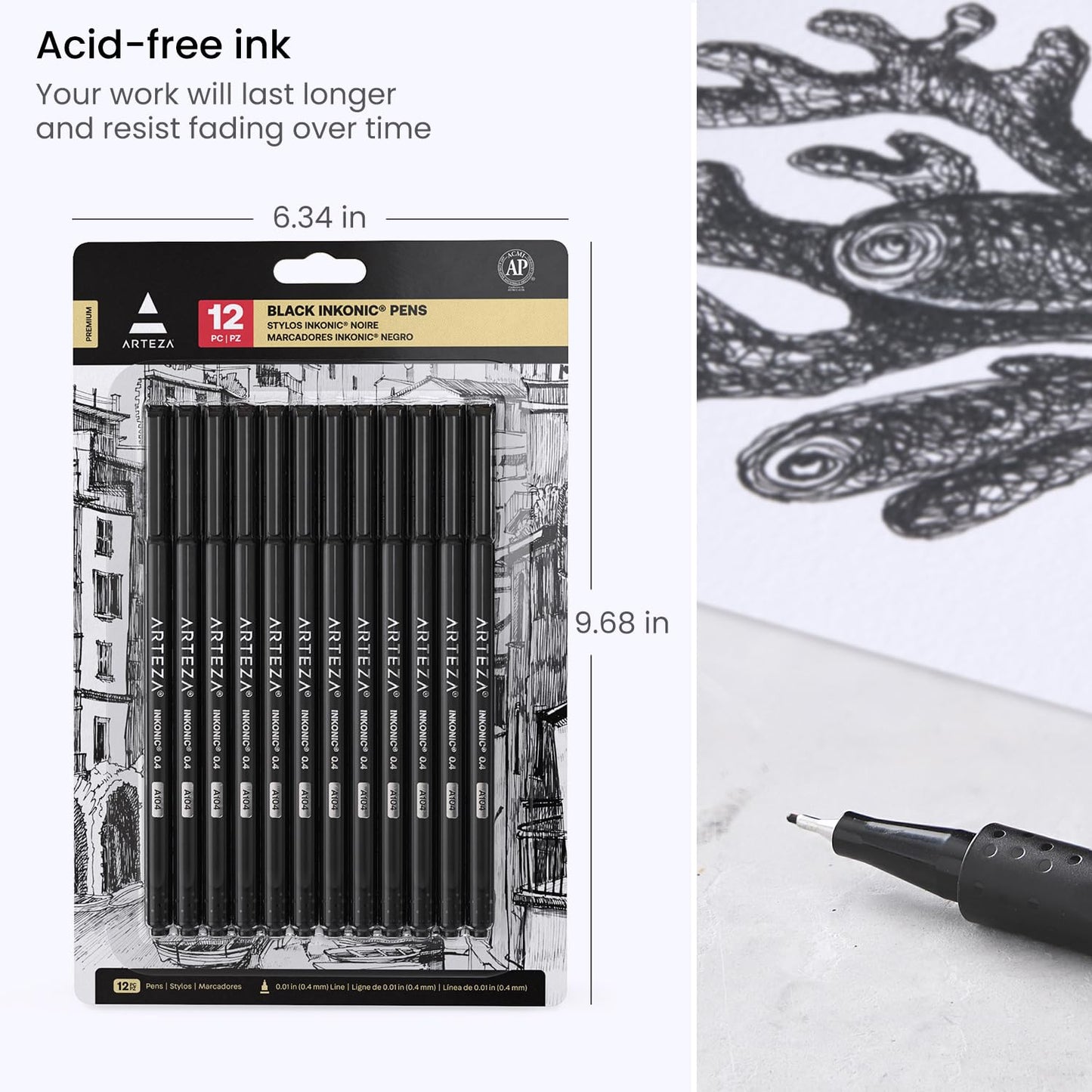 ARTEZA Black Inkonic Fineliners Pens, Set of 12, 0.4 mm Fine Tip Markers, Water-Based Art Pens for Drawing, Sketching, Journaling, Calligraphy