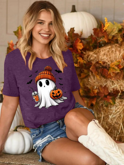 Womens Halloween Ghost Shirt Fall Cute Ghost Pumpkin Graphic Short Sleeve Tee Autumn Pumpkin Coffee T Shirt(M, Purple)