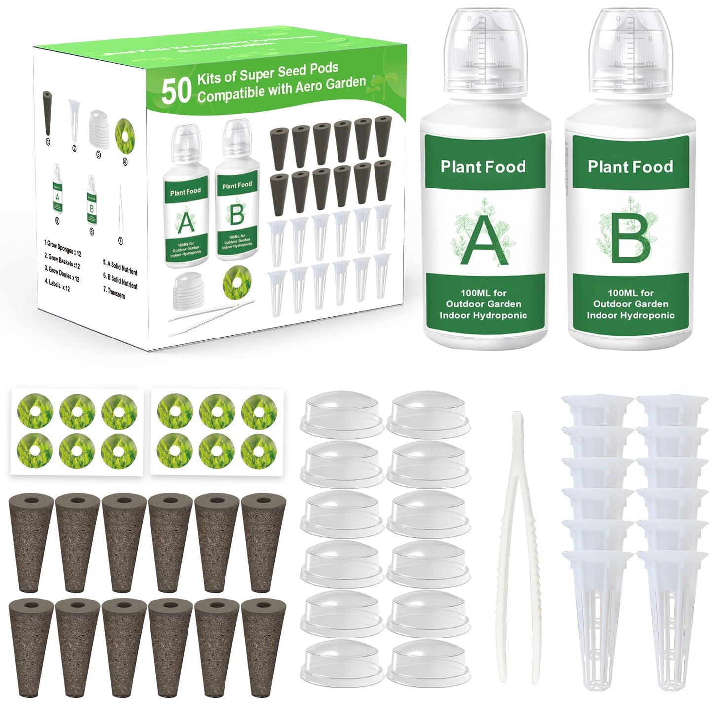 Aerogarden Pod Replacement Kit - Hydroponic Accessories with 12 Grow Sponges, Baskets, Labels, Domes and A&B Nutrients
