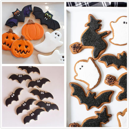 4PCS Large Halloween Cookie Cutters, Stainless Steel Metal Molds Pumpkin, Bat, Ghost, Wich's Hat Cookie Cutters with Decorating Instructions