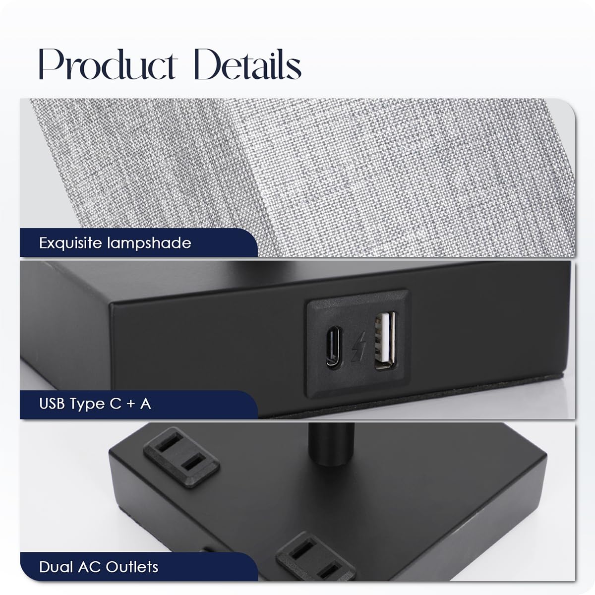 Bedside Table Lamps Set of 2 - Touch Nightstand Lamp for Bedroom with USB C+A Charging Ports & AC Outlets, 3-Way Dimmable Desk Lamp Grey Fabric Shade for Bedroom Living Room, Office(Bulb Included)