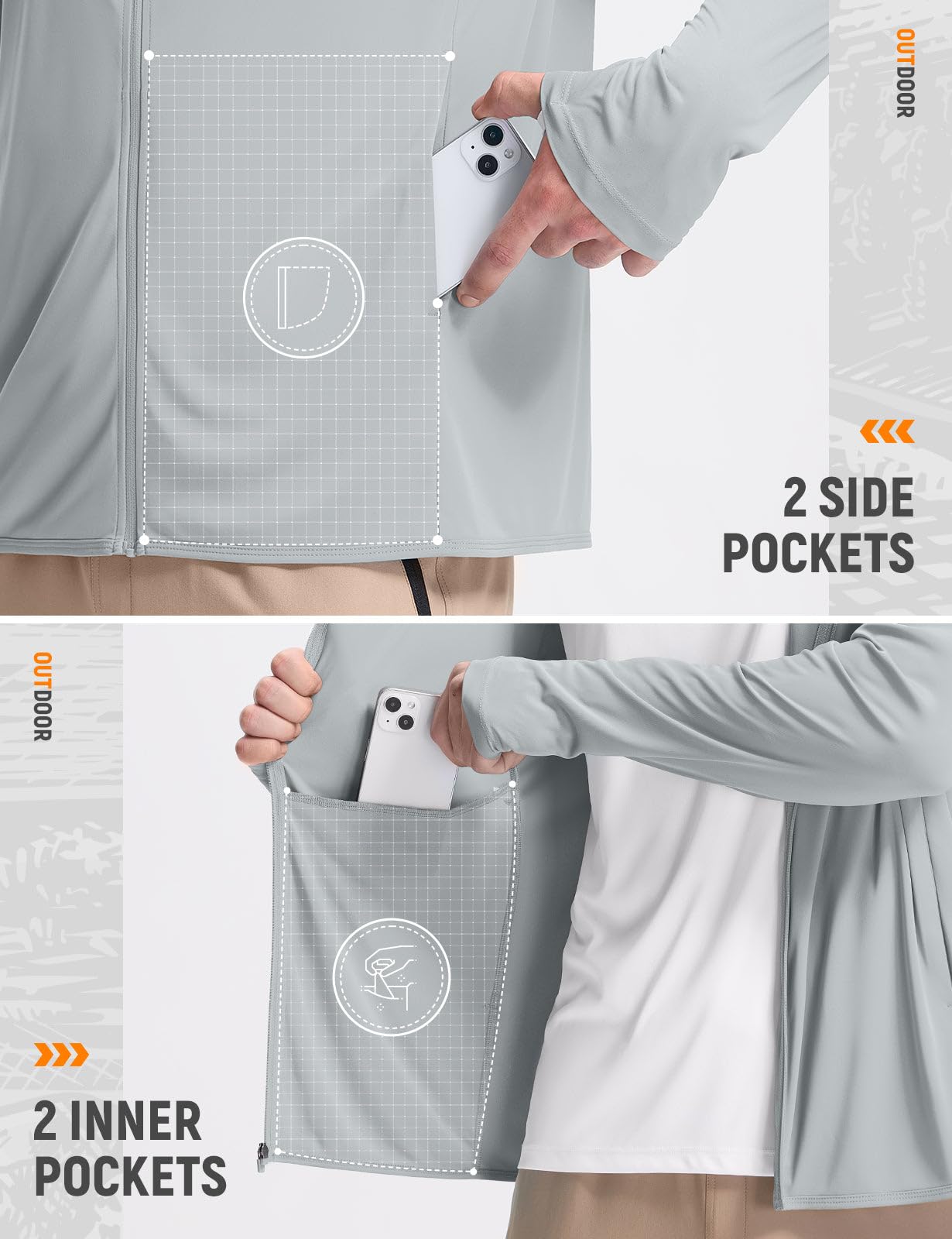 baleaf Men's UPF 50+ Sun Protection Hoodie Full Zip Jacket Lightweight Long Sleeve Cooling Shirts Pockets Hiking Fishing Light Gray M