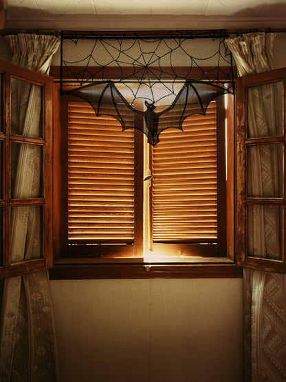 ANPHSIN Halloween Black Lace Spiderweb- 2 Pcs Bat Curtain Window Valance Cobweb Tablecloth Shower Curtains Fireplace Mantles Scarf Cover for Home Door Kitchen Bathroom Festive Party Decorations