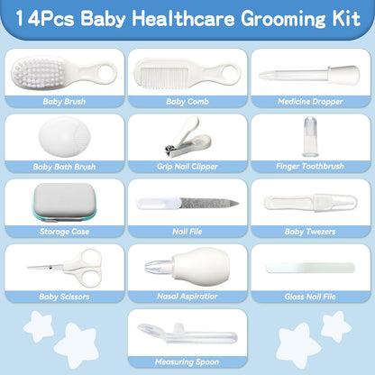 Baby Healthcare and Grooming Kit, 14 in 1 Baby Safety Set Newborn Nursery Health Care Set with Hair Brush Scale Nail Clippers for Baby Girls Boys (14 Kits Grey White)