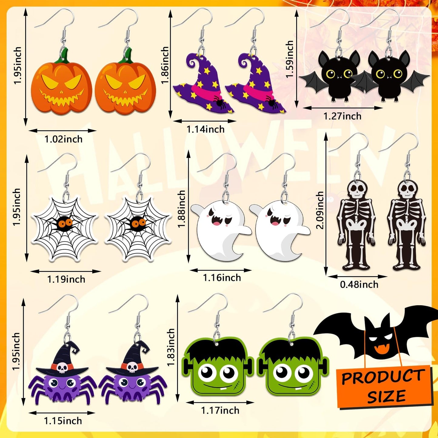 AUGSUN 8 Pairs Halloween Acrylic Earrings for Women Pumpkin Spider Black Cat Ghost Boo Witch Hat Spooky Earrings Jewelry Lightweight Leaf Dangle Teardrop Earrings