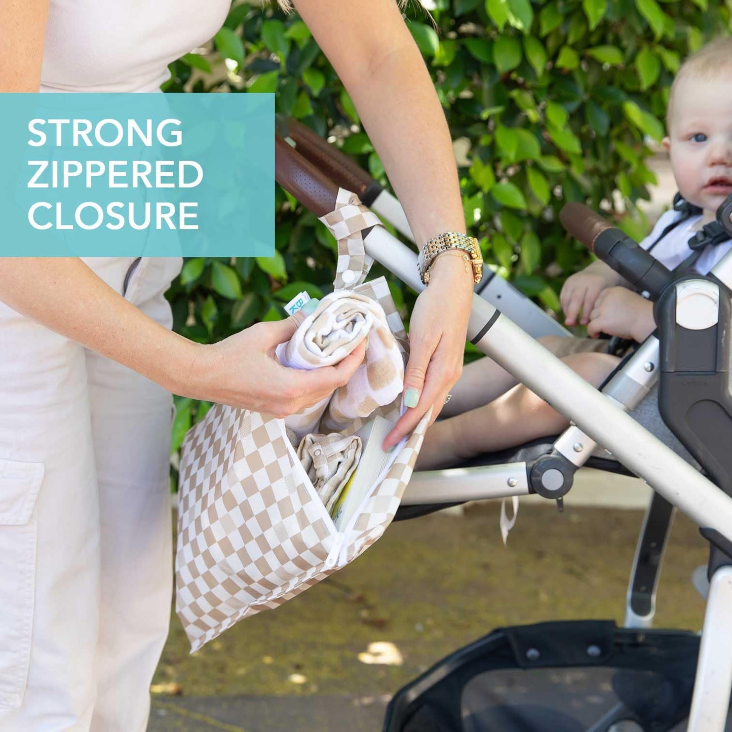 Bumkins Waterproof Wet Bag for Baby, Travel, Swim Suit, Cloth Diapers, Pump Parts, Pool, Beach, Gym Clothes, Toiletry, Hook to Stroller, Daycare, Zip Reusable Wetdry Pack, 2-pk Palm Trees, Beige Check