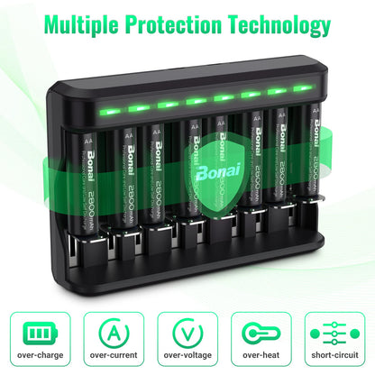 BONAI AA Rechargeable Batteries 2800mAh 8pack with Smart Charger for AA AAA C D NiMH Battery