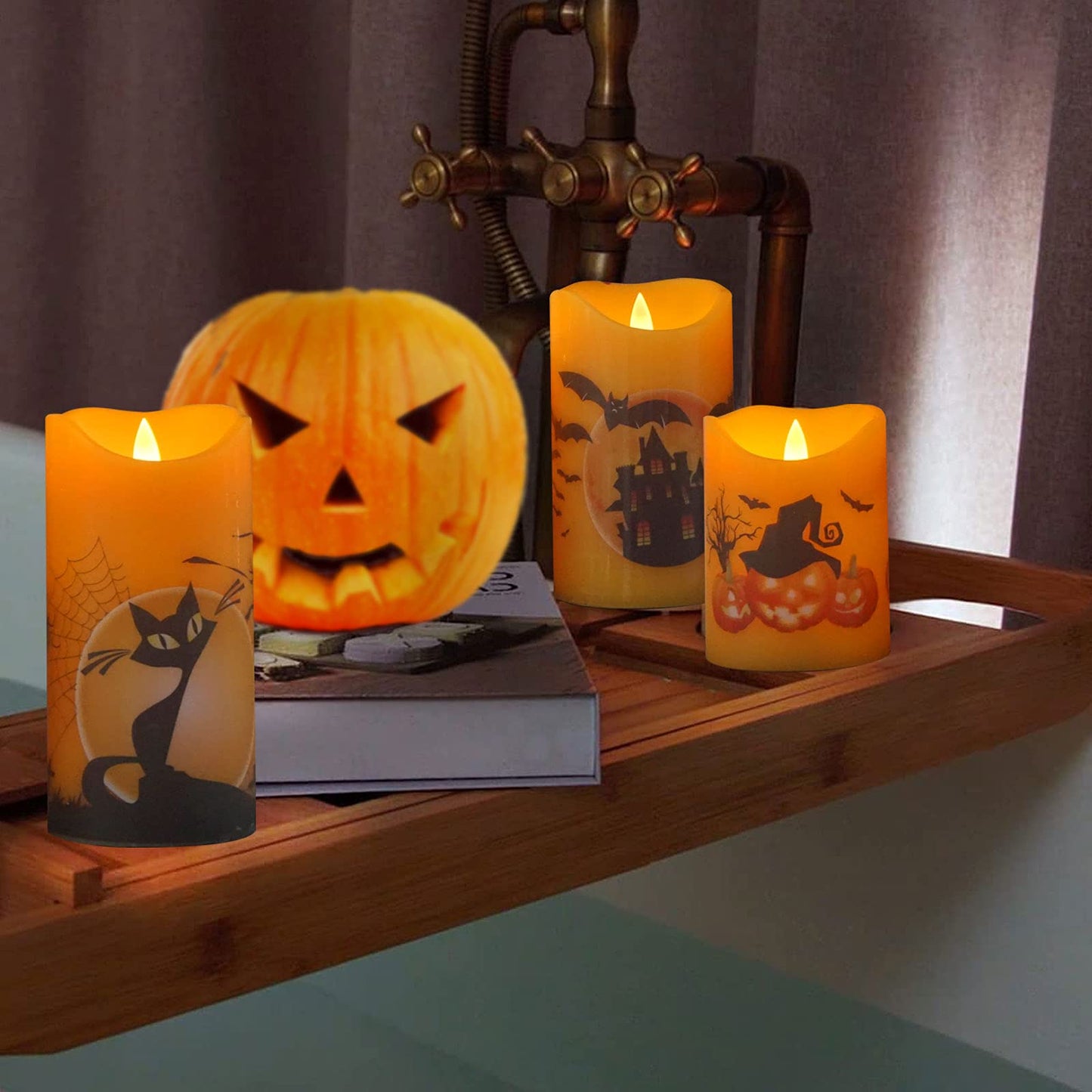 CANDLE CHOICE Halloween Flameless Candles with Remote Timer Real Wax Realistic Flickering Fake Electric Battery Operated LED Pillars with Halloween Theme Decals for Halloween Party Decorations 3 Pack