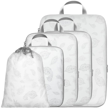 Cambond Compression Packing Cubes for Travel, 5 Pack Luggage Expandable Packing Organizers Compression Cubes for Suitcases with Laundry Bag, White Teardrop-shaped Texture
