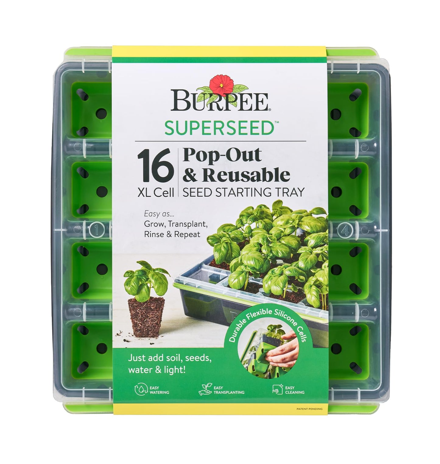 Burpee SuperSeed Seed Starting Tray | 16 XL Cell | Reusable & Dishwasher Safe | for Starting Vegetable Seeds, Flower Seeds & Herb Seeds | Indoor Grow Kit for Deep-Rooted Seedlings, Green