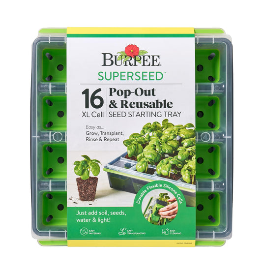 Burpee SuperSeed Seed Starting Tray | 16 XL Cell | Reusable & Dishwasher Safe | for Starting Vegetable Seeds, Flower Seeds & Herb Seeds | Indoor Grow Kit for Deep-Rooted Seedlings, Green