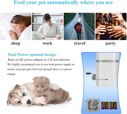 Automatic Cat Feeder, WellToBe Pet Feeder Food Dispenser for Cat & Small Dog with Two-Way Splitter and Double Bowls, up to 6 Meals with Portion Control, Voice Recorder - Battery and Plug-in Power