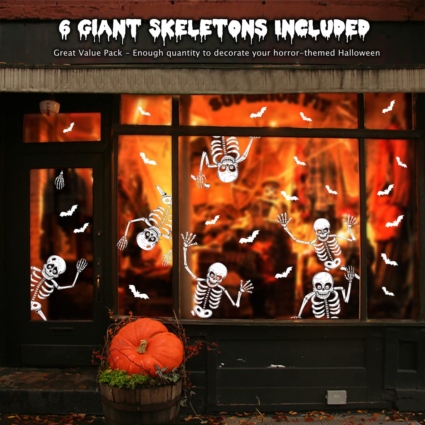 74pcs Giant Halloween Window Clings Decorations, 8 Sheets 6 Skeleton Window Stickers, Scary White Skull Window Silhouettes Decal for Indoor Bathroom Glass Door Decor Home Haunted House Party Supplies