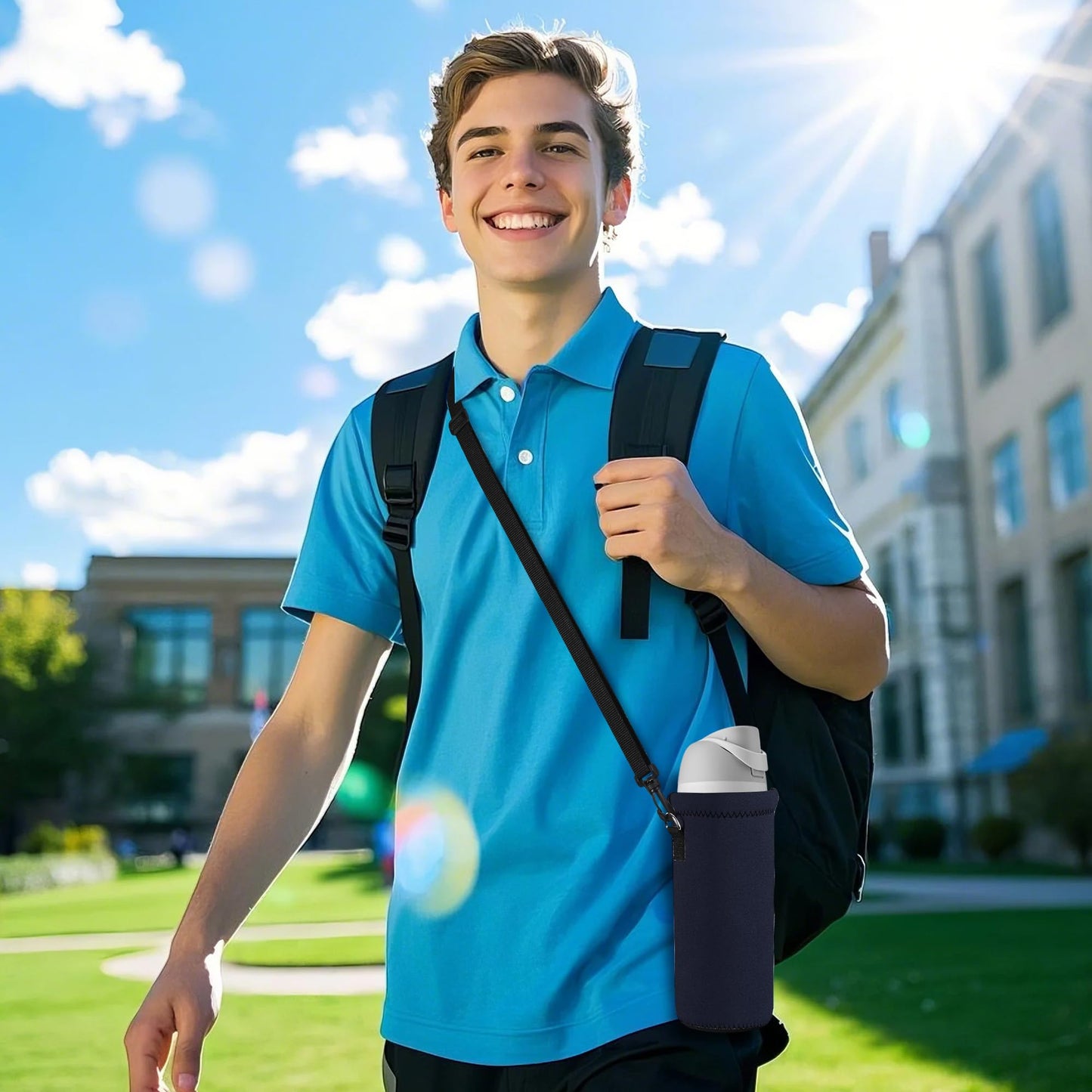 AUPET Water Bottle Sling Bag Carrier Crossbody Sleeve,Insulated Neoprene Bottle Case Holder Pouch Cover 500ML/17oz with Shoulder Strap for Walking Women Men (Pure Black)