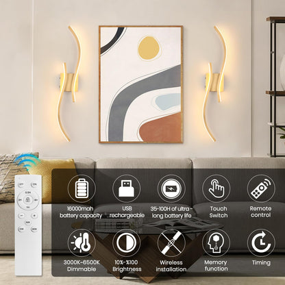 CANEOE Battery Operated Wall Sconces with Remote Control,10000mAh USB Rechargeable Gold Wall Light,3000K-6000K LED Wireless Wall Lamp for Bedroom,Hallway,Background Wall,31.5inch,1 Pack