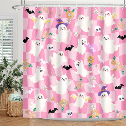BIYSUC Halloween Ghost Shower Curtain Spooky Cute Funny Pink Checkered Retro Flower Skull Bat Trick or Treat Home Bathroom Decor Waterproof Polyester Fabric 72Lx72W Inch with Plastic Hooks