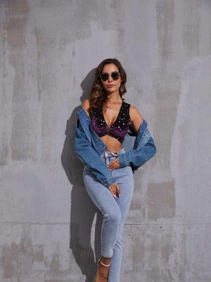 Women's Star Bejeweled Top Sequin Sparkly Tops for Women Concert Outfits Goth Rave Festival Clothes Cute Party Velvet Sleeveless Tank Cami Sexy Purple Crop Top XS